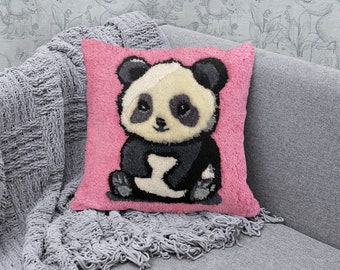 Panda Pillow, Punch needle Pillow ,Animals Pillow, Hand Tufted Living Room Decor, Decorative and Aesthetic Pillow, Handmade, Pink Pillow