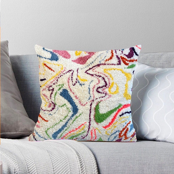 Flow Pillow, Punch needle Pillow ,Colorful Pillow, Hand Tufted Living Room Decor, Decorative and Aesthetic Pillow, Handmade, White Pillow