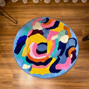 Joy Of Harmony Rug, Handmade Colorful Rug, Modern Circle Rug, Tufted Area Rug, Blue Rug, Aesthetic Rug for Bedroom, Tufting Custom Rug image 1
