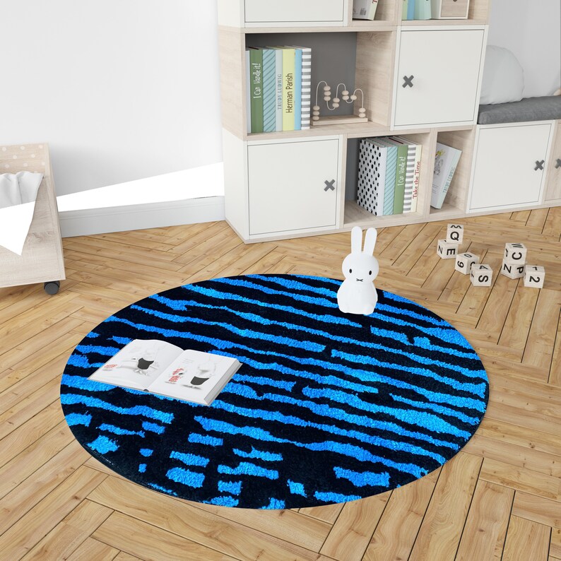 Circle Blue Rug , Handmade Bedroom Rug, Decorative Non Slip Circle Rugs, Line Modern Rug, Geometric Area Rugs, Hand Tufted Rug, Tufting image 3