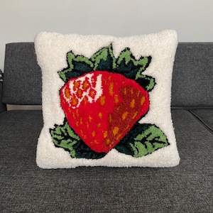 Strawberry Pillow,Punch needle Pillow,Fruit Pillow Cosy Decorative Embroidered CushionCover,Aesthetic Pillow,Handmade Pillow,Colorful Rug