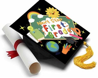 Preschool Kindergarten Child Kid Graduation Cap | Photo Shoot Prop | With Yellow Tassel And Next Stop First Grade Vinyl