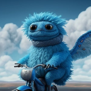 May include: A blue fuzzy creature with a scarf rides a blue motorcycle. The creature has a large head with big eyes and a wide smile. The motorcycle has a silver seat and handlebars.