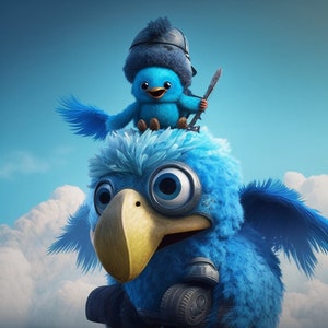 May include: A blue bird wearing a blue and black hat sits on top of a larger blue bird with a yellow beak. The larger bird has large, round eyes and is wearing a metal helmet.