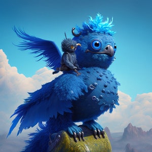 May include: A blue, fluffy, bird-like creature with a small, blue bird perched on its back. The larger bird has a blue mohawk and large, blue eyes. The background is a cloudy sky with mountains in the distance.