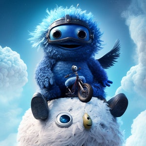 May include: A blue, furry creature with a helmet and wings sits on a white, fluffy creature. The blue creature is holding a small, blue figure riding a red and black motorcycle.
