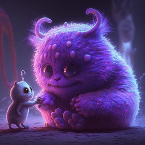 May include: A purple fuzzy monster with large eyes and a friendly expression sits next to a small blue creature with a long tail and big eyes. The monster has a pink glow around it.