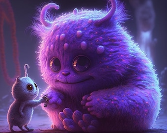 May include: A purple fuzzy monster with large eyes and a friendly expression sits next to a small blue creature with a long tail and big eyes. The monster has a pink glow around it.