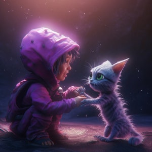 May include: A young girl wearing a purple hooded jacket reaches out to a small, fluffy, gray cat with green eyes. The background is a dark purple with white stars.