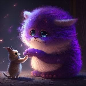 May include: A small, brown and white kitten looks up at a large, fluffy purple cat with blue eyes. The purple cat is holding out its paw towards the kitten, and there are small, glowing lights in the background.