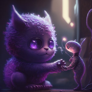 May include: A digital illustration of two fantastical creatures in shades of purple. One is a large, cat-like figure with large, glowing eyes. The other is a smaller, humanoid figure, holding hands with the larger creature.