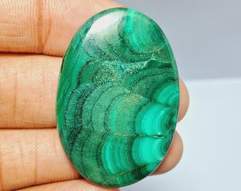 May include: Oval-shaped malachite gemstone with a polished surface. The stone features concentric bands of varying shades of green and dark green, creating a swirling pattern. The gemstone is held in a hand.