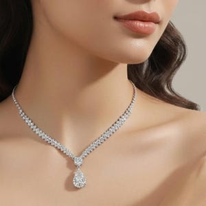 Silver-Plated Zircon Deep-Cut Elegant Teardrop Stone Necklace, Earrings, and Bracelet Set (3-Piece Set)