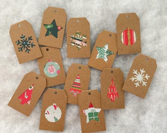 May include: Twelve brown paper gift tags with various Christmas-themed cutouts. The cutouts include snowflakes, stars, Christmas trees, and ornaments. The tags are perfect for adding a festive touch to gifts.