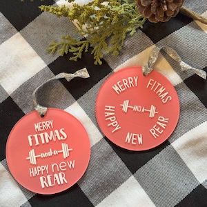 Merry Fitmas Ornament | Customized Ornament | Painted Acrylic | Handmade Ornament |  Fitness Ornament | Weight Lifting | Funny Gym Ornament