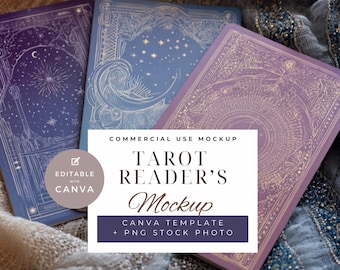 May include: Three tarot cards with intricate designs in shades of blue and purple are displayed on a textured surface. The cards feature celestial and geometric patterns. The image includes text that reads "TAROT READER'S Mockup" and "EDITABLE with CANVA".