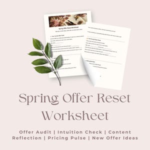 Puede incluir: Una hoja de trabajo titulada "Spring Offer Reset Worksheet" con texto que incluye "Offer Audit" y "Pricing Pulse". Una ramita de hojas verdes descansa sobre las hojas de trabajo. El fondo es de un rosa suave y apagado.