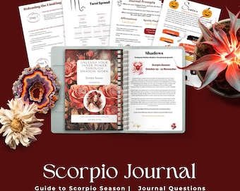 Könnte beinhalten: Ein Scorpio-Saison-Journal und -Handbuch mit dem Text "Unleash Your Inner Power Through Shadow Work". Das Bild enthält Tarot-Spread-Anleitungen, Journal-Eingabeaufforderungen und dekorative Blumen und Kristalle.