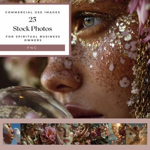 Puede incluir: Primer plano de un rostro adornado con purpurina dorada y decoraciones florales. La imagen incluye el texto "COMMERCIAL USE IMAGES", "25 Stock Photos", "FOR SPIRITUAL BUSINESS OWNERS" y "PNG".