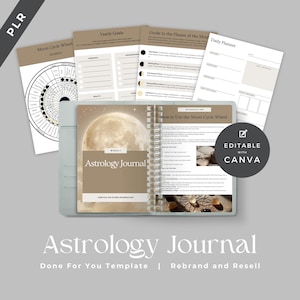 Può includere: Un diario di astrologia aperto con una grafica di luna piena sulla copertina, circondato da pagine sciolte con testo e grafica. Il diario ha una copertina azzurra. Il testo "Astrology Journal" è visibile. Il diario è un "Modello pronto all'uso" e "Modificabile con Canva".