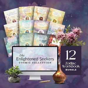 May include: A digital illustration of a computer screen displaying the text "the Enlightened Seekers COSMIC COLLECTION" with a watercolour background. The screen is surrounded by 12 colourful digital illustrations of books with titles such as "Embracing Adventure and Manifestation", "Nurture Your Soul", "Embracing the Flow", and "Perspective Shift". The text "12 Zodiac Workbook Bundle" is displayed in the lower right corner of the image.