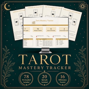 Peut inclure: Un suivi numérique de la maîtrise du tarot affiché sur un écran d'ordinateur, avec des cartes de tarot. L'écran affiche un tableau de bord avec des champs de données. Le design comprend le texte "Tarot Mastery Tracker", et le tracker comprend 78 éléments préchargés, 20 tirages et 16 jalons.