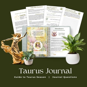 以下が含まれることがあります： 牡牛座のシンボルと「Cultivating Abundance: Insights for Prosperity」というテキストが書かれた、金と白の表紙のジャーナル。ジャーナルは、「Taurus Season Handbook」というタイトルのページを開いています。