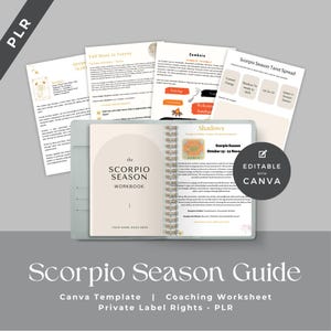 May include: A spiral-bound Scorpio Season workbook with a light grey cover, displayed alongside several informational pages featuring text about astrology, tarot spreads, and Samhain rituals, all editable with Canva and marked with PLR branding.