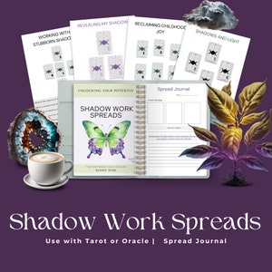 May include: A teal blue journal with a gold spiral binding and a butterfly illustration on the cover. The journal is titled "Shadow Work Spreads" and has the text "Unlocking Your Potential" and "From Tarot Reader, Coach, and Guide Sunny Sink" on the cover. The journal is surrounded by tarot cards with moon and star symbols, a crystal, a cup of coffee, and a plant.