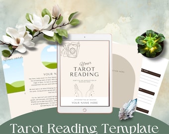 May include: A digital template for tarot readings, featuring a tablet with a tarot card illustration and the text "Your Tarot Reading". The template is designed for use with clients and is a Canva template.