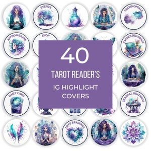 May include: 40 Instagram highlight covers for tarot readers. The covers feature watercolor illustrations of mystical scenes, including a woman reading tarot cards, a crystal bottle, a butterfly, and a feather.