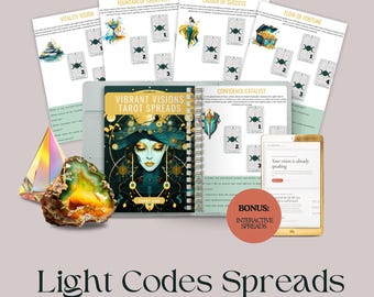 May include: A spiral-bound journal titled Vibrant Visions Tarot Spreads, accompanied by several printed instructional sheets with titles like Fountain of Creativity and Ladder of Success, a gold-toned tablet, a crystal pyramid, and a geode slice.