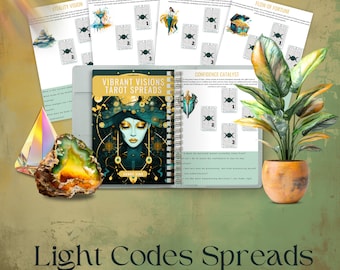 May include: A green and gold journal with the title "Vibrant Visions Tarot Spreads" on the cover. The journal is open to a page with a tarot spread layout titled "Confidence Catalyst". The journal is surrounded by other tarot spread layouts with titles like "Fountain of Creativity", "Ladder of Success", "Vitality Vision", and "Flow of Fortune".