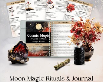 May include: A collection of spiritual items including a journal titled "Cosmic Magic: A Guide to Moon Magic Rituals", ritual cards, a black candle, a bouquet of flowers, a bundle of sage, and a geode. The journal is open to a page with text.