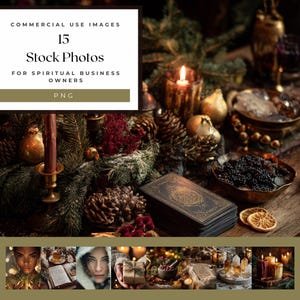 May include: A stack of tarot cards with a gold embossed design sits on a wooden table, surrounded by candles, pine cones, and greenery. The image includes text that reads "COMMERCIAL USE IMAGES 15 Stock Photos FOR SPIRITUAL BUSINESS OWNERS PNG."
