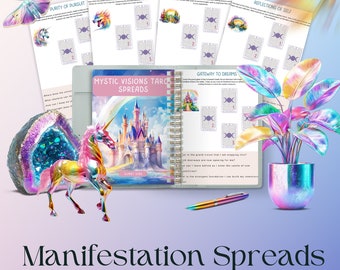 May include: A set of printable tarot or oracle card spreads for manifestation. The spreads are designed with a whimsical castle and unicorn theme. The spreads include titles like "Purity of Pursuit", "Igniting Passions", "Navigating Challenges", "Reflections of Self", and "Gateway to Dreams".