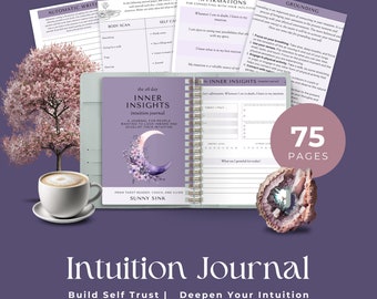 May include: A teal and white journal with a moon and floral design on the cover. The journal is titled "The 28 Day Inner Insights Intuition Journal" and has a gold spiral binding. The journal is open to a page with the text "Inner Insights Intuition Journal" and a section for affirmations. The journal is surrounded by a pink flower, a cup of coffee, and a purple crystal.