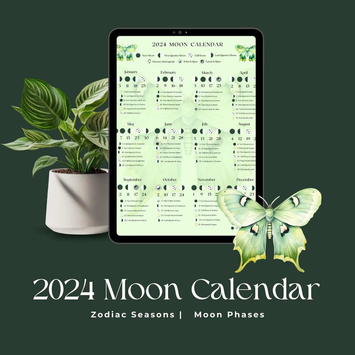 Moon Calendar 2024 Printable Moon Cycle 2024 Moon Calendar Printable ...