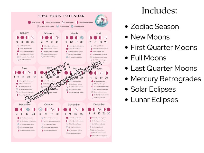 2024 Moon Calendar Moon Calendar Zodiac Calendar New Moon Full Moon