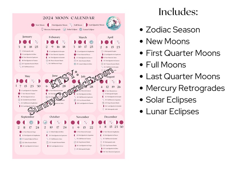 2024 Moon Calendar Moon Calendar Zodiac Calendar New Moon Full Moon