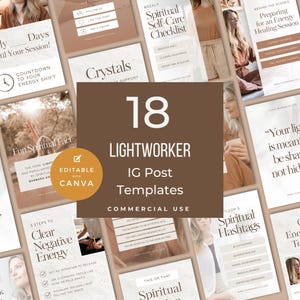 May include: A collection of 18 Lightworker Instagram post templates. The templates are designed with a neutral color palette and feature text such as "Spiritual Self-Care Checklist" and "Clear Negative Energy". The templates are editable with Canva.