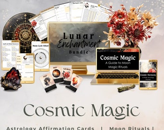 May include: A digital product bundle for lunar magic, featuring a laptop with a guide to moon magic rituals, a phone with a 4-week astrology planner, affirmation cards, and a moon cycle wheel. The text "Lunar Enchantment Bundle" and "Cosmic Magic" is visible.