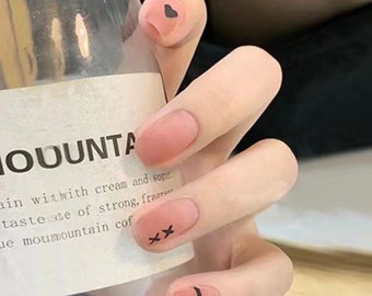 Matte Pink Heart and X's-Short Square Full Cover Acrylic Nails Press On Cute False Nails | Women Girls Daily Wear Salon Art manicure 24 PCS