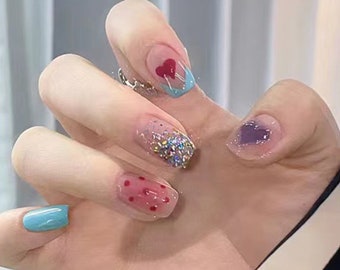 Baby Blue and Pink dots-Short Square Full Cover Acrylic Nails Press On Cute False Nails | Women Girls Daily Wear Salon Art manicure 24 PCS