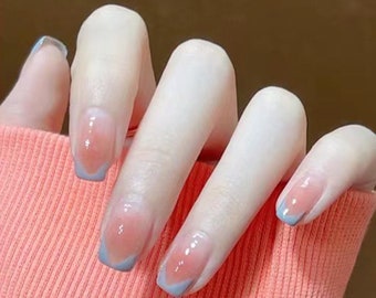 Blush Pink Blue French Tip-Short Square Full Cover Acrylic Nails Press On Cute False Nails|Women Girls Daily Wear Salon Art manicure 24 PCS