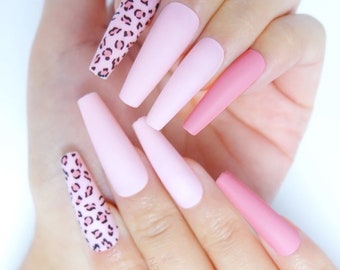 Trendy Pink Leopard Coffin Press On Nails | High Quality & Durable | Matte nails | False nails | Ready-to-ship nails | Easy to apply