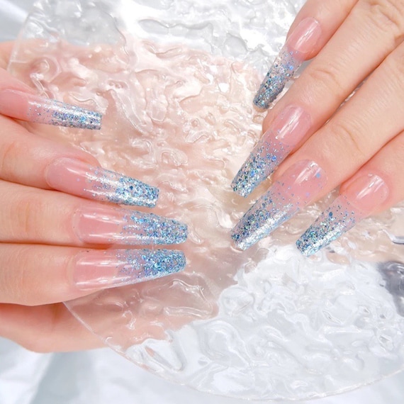 Blue Glitter Nails Long Coffin Nails blue Fake Nails long Press on