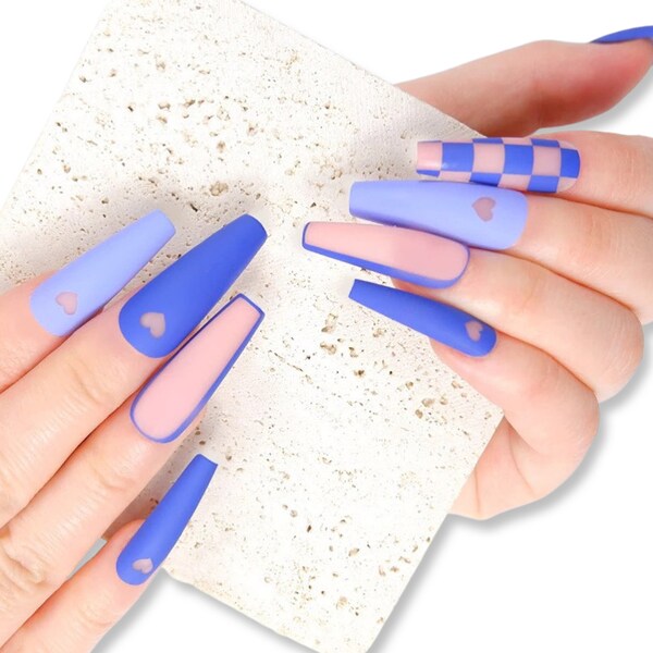 Bold Blue Chessboard Long Coffin Press On Nails | Luxury Matte Nails | Glue On or Adhesive Tabs | Trendy Long Blue Nails | High-Quality