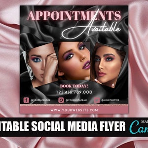 Editable Book Now Flyer, DIY Appointments Available Booking Template Boutiques Hair Lash Tech Nails Makeup Cosmetics Lashes Stylist