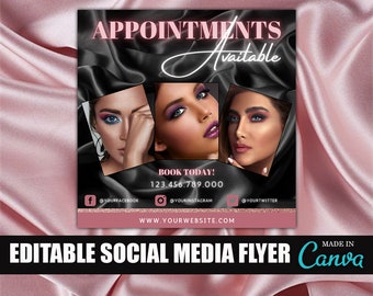 May include: Black and white social media flyer with the text "Appointments Available" in white. The flyer features three women with different eye makeup looks. The flyer also includes a phone number, social media handles, and the text "Book Today!"